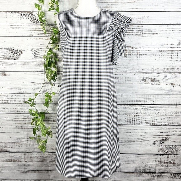 Banana Republic Dress 6 Blue Khaki Black Plaid Sheath Ruffle Sleeve Wedding Slim - Picture 1 of 15